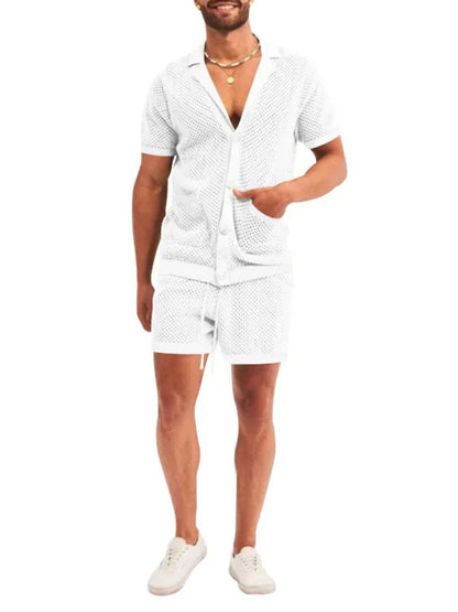 Short-Sleeved Shorts Knit Lapel Cardigan Two-Piece Men's Suit - Shello's Creative Boutique