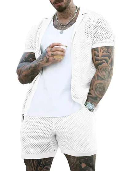 Short-Sleeved Shorts Knit Lapel Cardigan Two-Piece Men's Suit - Shello's Creative Boutique