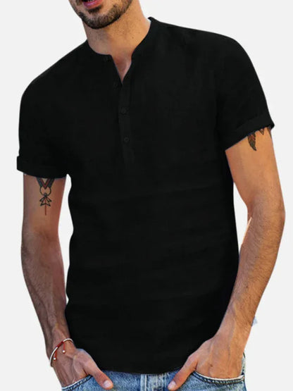 Men's Stand Collar Short Sleeve V Neck Cotton Linen Shirt - Shello's Creative Boutique
