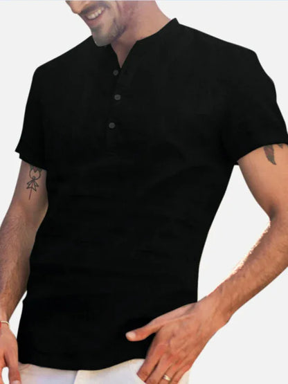 Men's Stand Collar Short Sleeve V Neck Cotton Linen Shirt - Shello's Creative Boutique