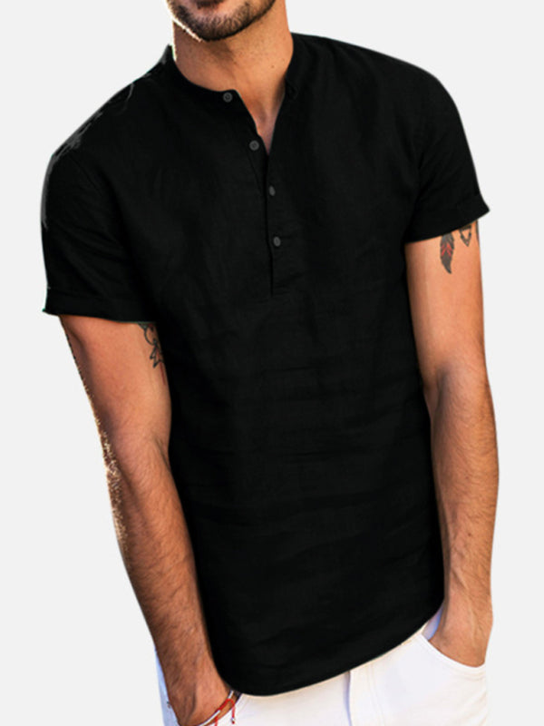 Men's Stand Collar Short Sleeve V Neck Cotton Linen Shirt Shello's Creative Boutique