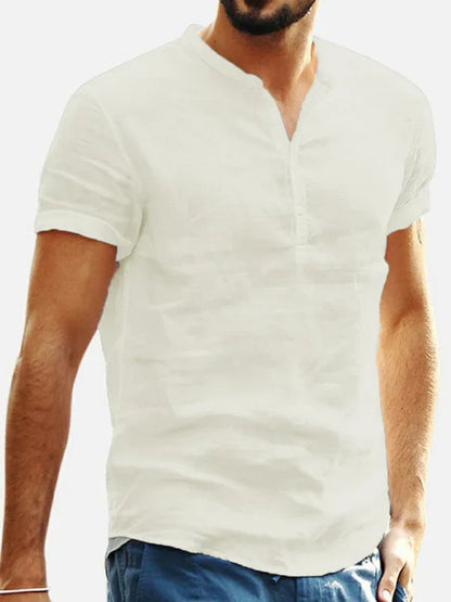 Men's Stand Collar Short Sleeve V Neck Cotton Linen Shirt - Shello's Creative Boutique