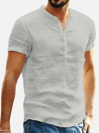 Men's Stand Collar Short Sleeve V Neck Cotton Linen Shirt - Shello's Creative Boutique