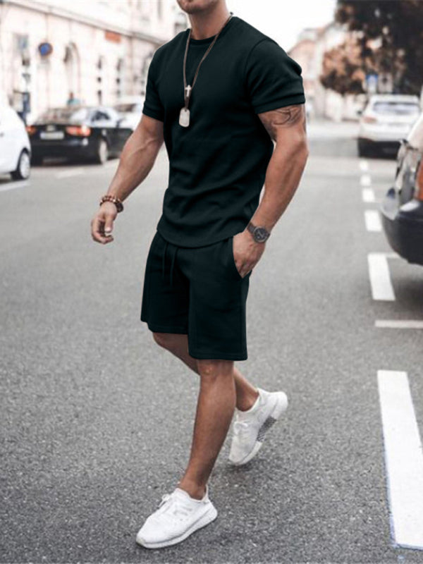 New Men's Casual Solid Color Short Sleeve Shorts Two-Piece Set Shello Creative Boutique