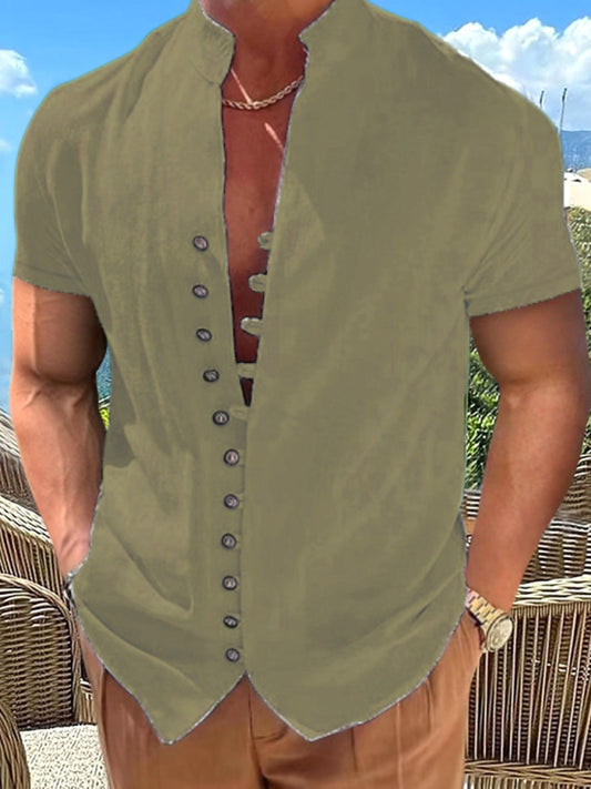 New Vintage Button Stand Collar Short Sleeve Shirt Shello Creative Boutique