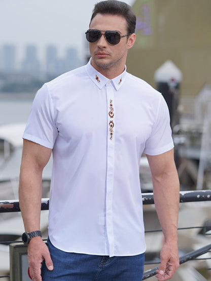 New large size men's elastic loose casual solid color embroidery thin shirt Shello Creative Boutique