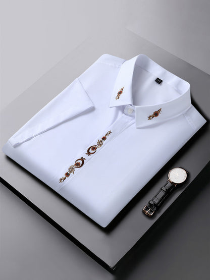 New large size men's elastic loose casual solid color embroidery thin shirt Shello Creative Boutique
