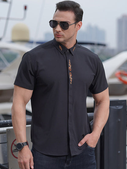 New large size men's elastic loose casual solid color embroidery thin shirt Shello Creative Boutique
