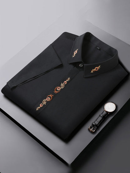 New large size men's elastic loose casual solid color embroidery thin shirt Shello Creative Boutique