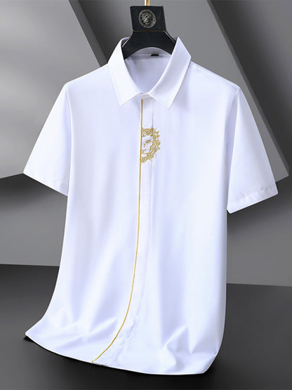 New large size men's elastic loose casual solid color embroidery thin shirt Shello Creative Boutique