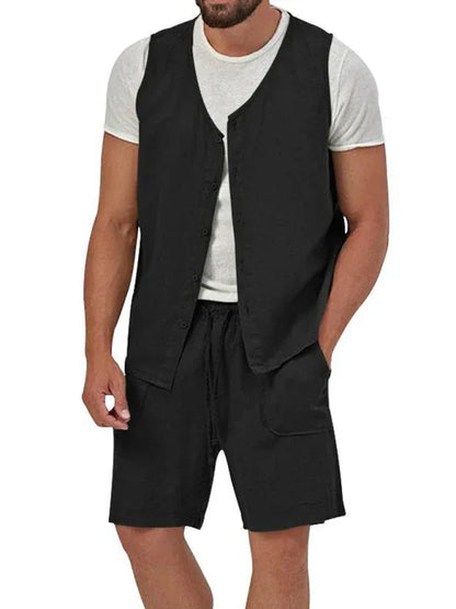 Men's two-piece vest shorts casual sleeveless cardigan suit - Shello's Creative Boutique