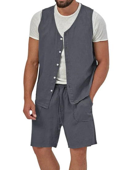 Men's two-piece vest shorts casual sleeveless cardigan suit - Shello's Creative Boutique