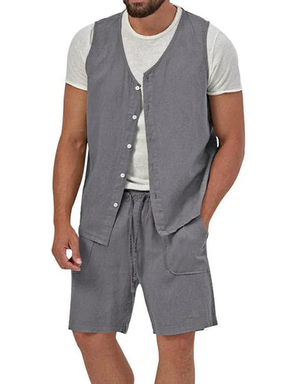 Men's two-piece vest shorts casual sleeveless cardigan suit - Shello's Creative Boutique