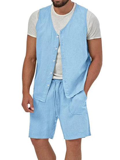 Men's two-piece vest shorts casual sleeveless cardigan suit - Shello's Creative Boutique