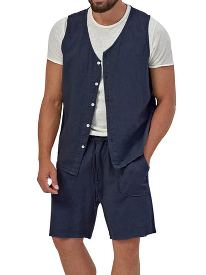 Men's two-piece vest shorts casual sleeveless cardigan suit - Shello's Creative Boutique
