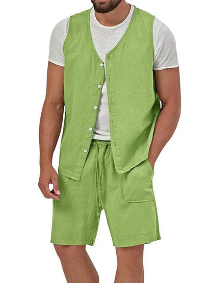 Men's two-piece vest shorts casual sleeveless cardigan suit - Shello's Creative Boutique