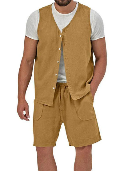 Men's two-piece vest shorts casual sleeveless cardigan suit - Shello's Creative Boutique