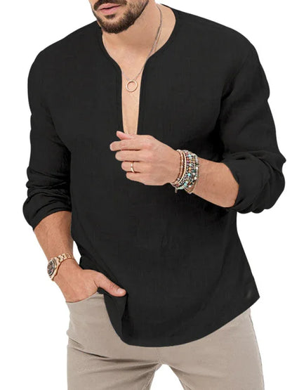 Men's Henry Long Sleeve T-Shirt – Slim Fit, Solid Colour, Deep V-Neck - Shello's Creative Boutique
