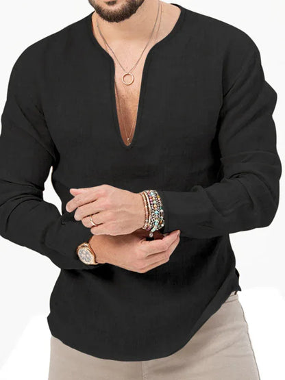 Men's Henry Long Sleeve T-Shirt – Slim Fit, Solid Colour, Deep V-Neck - Shello's Creative Boutique