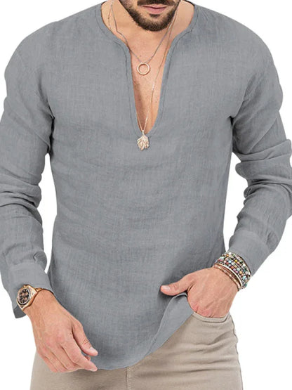 Men's Henry Long Sleeve T-Shirt – Slim Fit, Solid Colour, Deep V-Neck - Shello's Creative Boutique