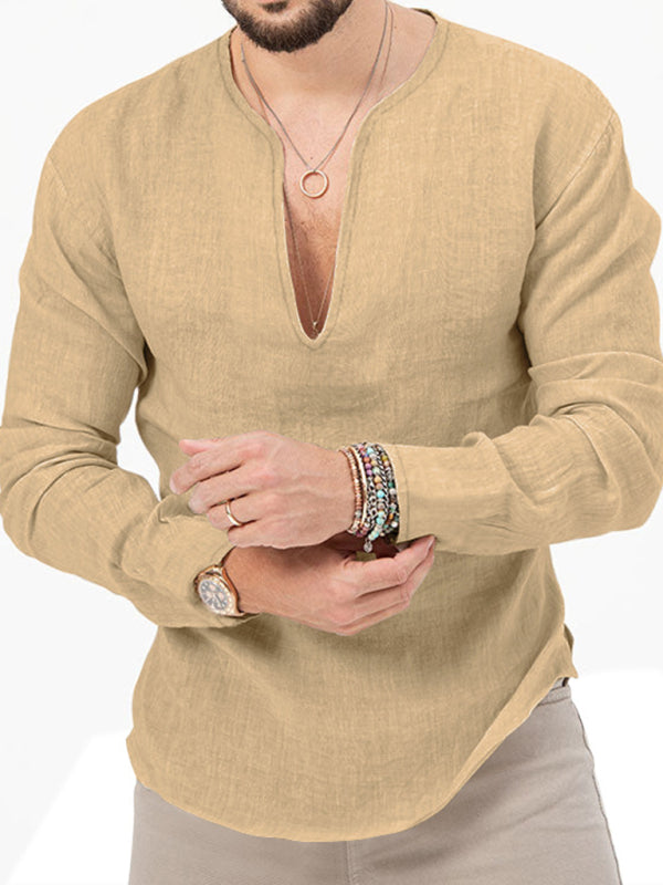 New Men's Henry Long Sleeve T-Shirt Slim Fit Solid Color Large Size Deep V Neck Shirt Shello's Creative Boutique