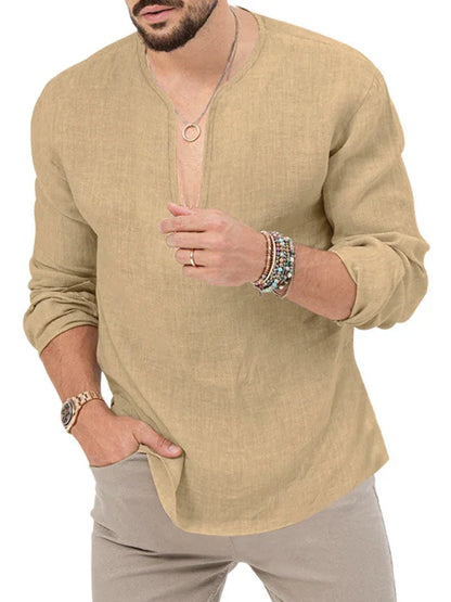 Men's Henry Long Sleeve T-Shirt – Slim Fit, Solid Colour, Deep V-Neck - Shello's Creative Boutique