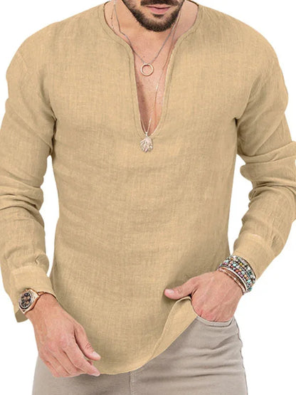 Men's Henry Long Sleeve T-Shirt – Slim Fit, Solid Colour, Deep V-Neck - Shello's Creative Boutique