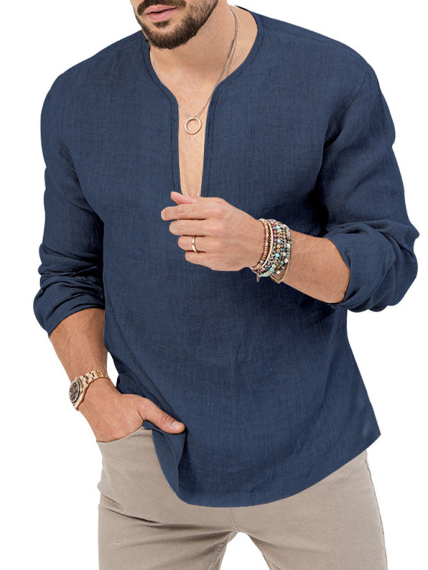 New Men's Henry Long Sleeve T-Shirt Slim Fit Solid Color Large Size Deep V Neck Shirt Shello's Creative Boutique