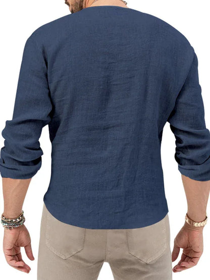 Men's Henry Long Sleeve T-Shirt – Slim Fit, Solid Colour, Deep V-Neck - Shello's Creative Boutique