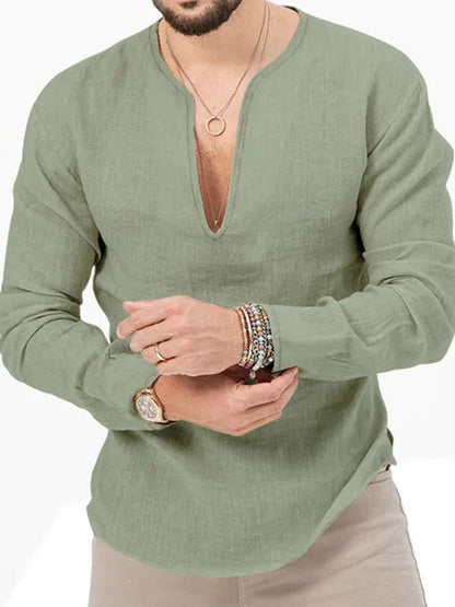 Men's Henry Long Sleeve T-Shirt – Slim Fit, Solid Colour, Deep V-Neck - Shello's Creative Boutique