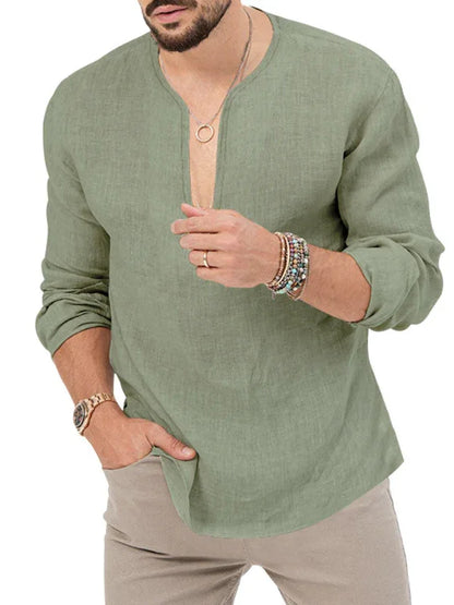 Men's Henry Long Sleeve T-Shirt – Slim Fit, Solid Colour, Deep V-Neck - Shello's Creative Boutique