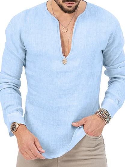 Men's Henry Long Sleeve T-Shirt – Slim Fit, Solid Colour, Deep V-Neck - Shello's Creative Boutique