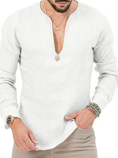 Men's Henry Long Sleeve T-Shirt – Slim Fit, Solid Colour, Deep V-Neck - Shello's Creative Boutique