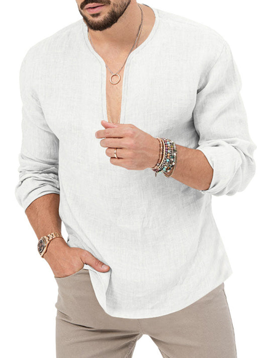 New Men's Henry Long Sleeve T-Shirt Slim Fit Solid Color Large Size Deep V Neck Shirt Shello's Creative Boutique