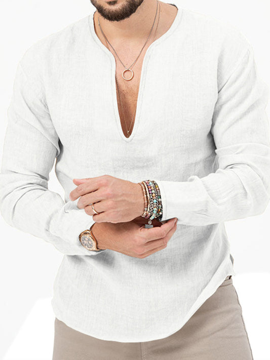 New Men's Henry Long Sleeve T-Shirt Slim Fit Solid Color Large Size Deep V Neck Shirt Shello's Creative Boutique