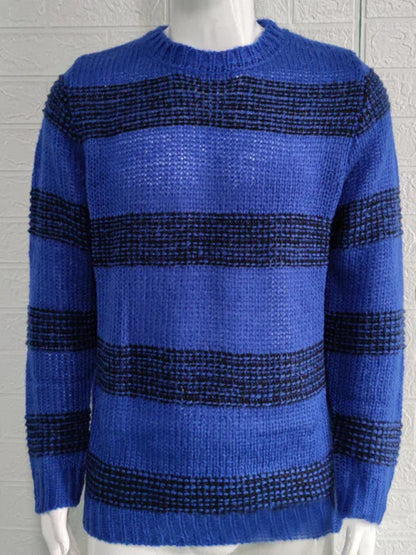Men's Fitted Striped Round Neck Long Sleeve Knitted Sweater - Shello's Creative Boutique