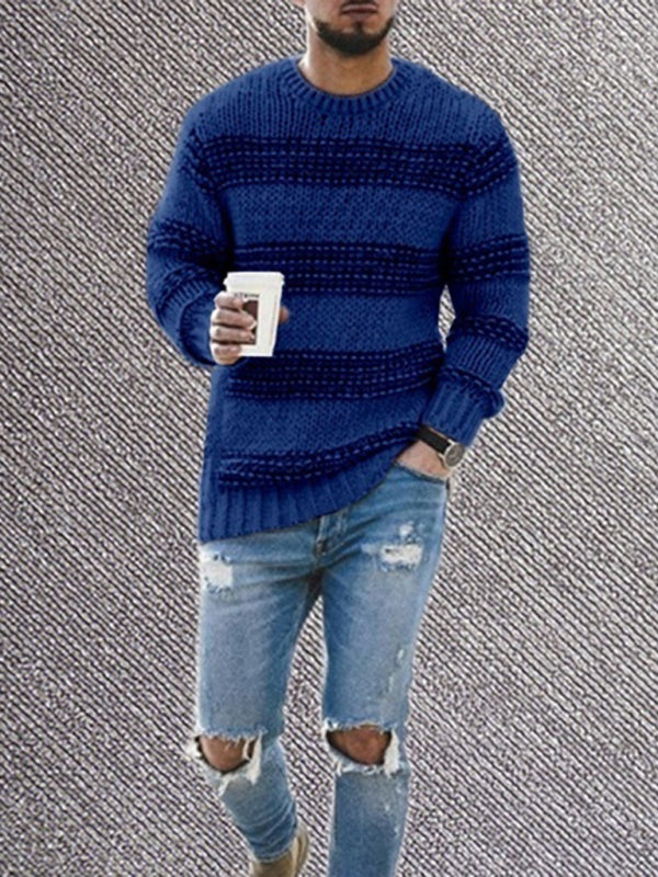 Men's fitted striped round neck long sleeve knitted sweater Shello's Creative Boutique
