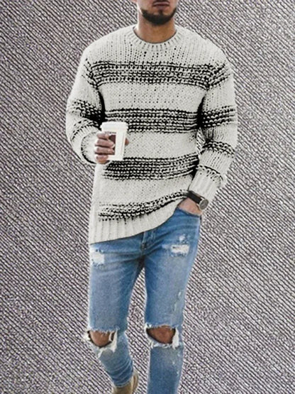 Men's Fitted Striped Round Neck Long Sleeve Knitted Sweater - Shello's Creative Boutique