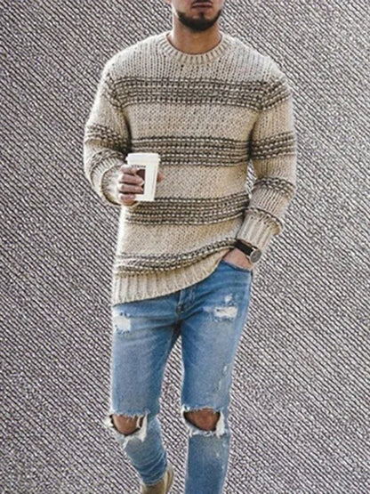 Men's Fitted Striped Round Neck Long Sleeve Knitted Sweater - Shello's Creative Boutique