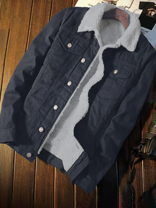 Men's warm sherpa button lapel denim jacket Shello's Creative Boutique