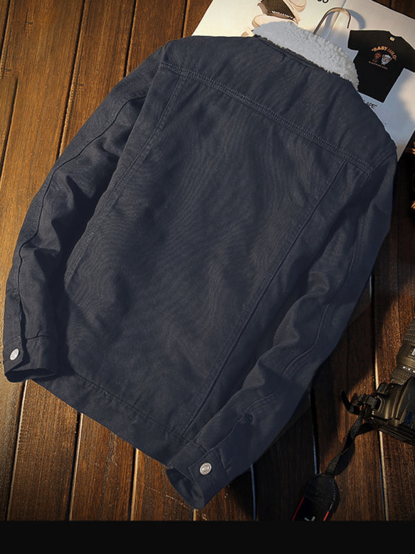 Men's warm sherpa button lapel denim jacket Shello's Creative Boutique