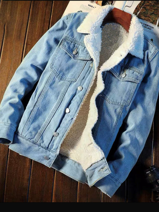 Men's warm sherpa button lapel denim jacket Shello's Creative Boutique