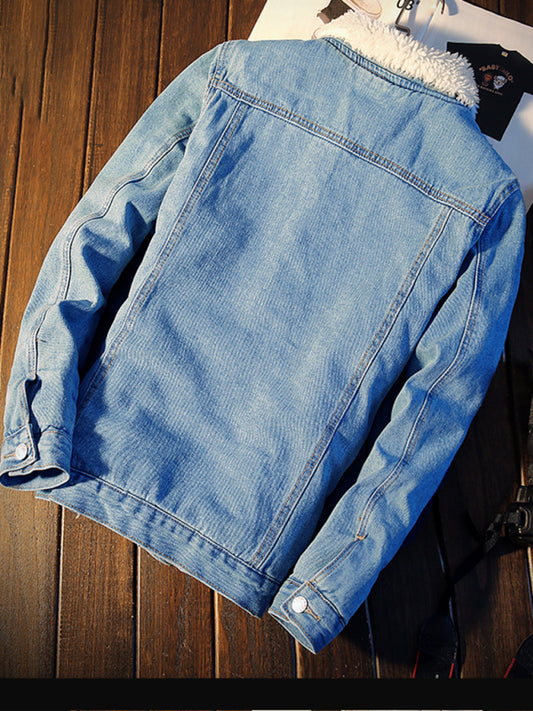 Men's warm sherpa button lapel denim jacket Shello's Creative Boutique