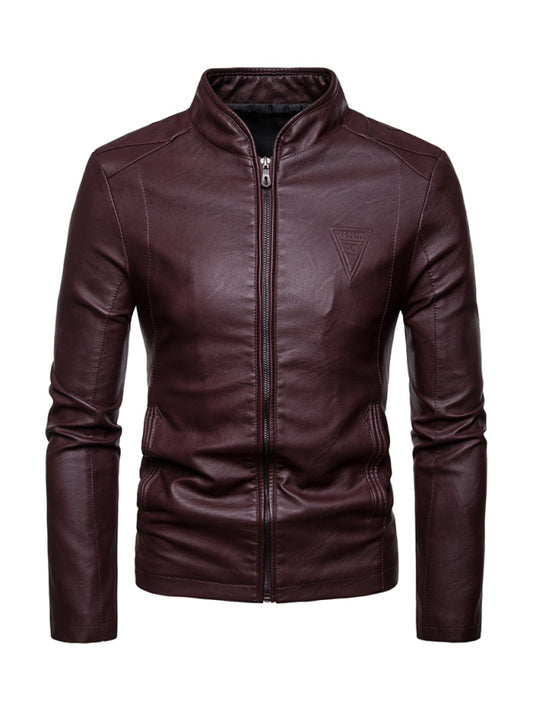 Men's motorcycle zipper stand collar leather jacket Shello's Creative Boutique