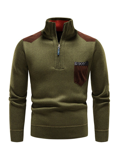 Men's stand-up collar thickened patchwork half-zip lapel sweater pullover sweater Shello's Creative Boutique