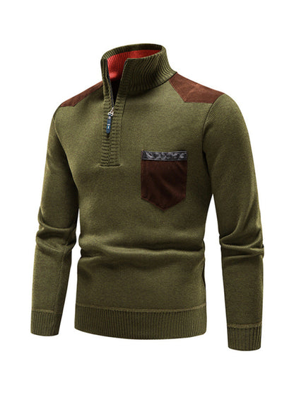 Men's stand-up collar thickened patchwork half-zip lapel sweater pullover sweater Shello's Creative Boutique