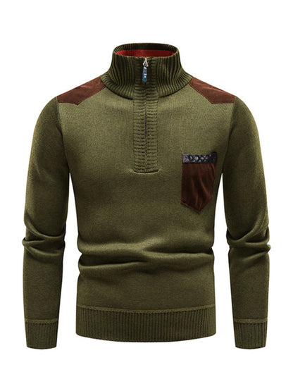 Men's stand-up collar thickened patchwork half-zip lapel sweater pullover sweater Shello's Creative Boutique