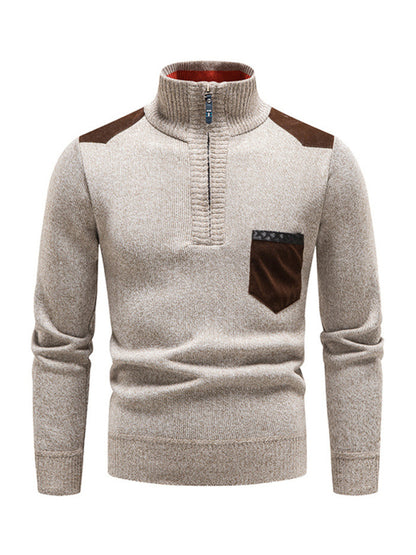 Men's stand-up collar thickened patchwork half-zip lapel sweater pullover sweater Shello's Creative Boutique