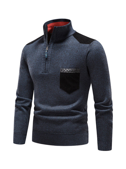 Men's stand-up collar thickened patchwork half-zip lapel sweater pullover sweater Shello's Creative Boutique