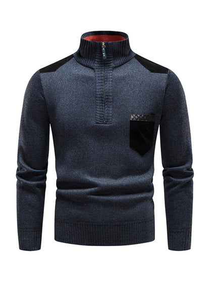 Men's stand-up collar thickened patchwork half-zip lapel sweater pullover sweater Shello's Creative Boutique